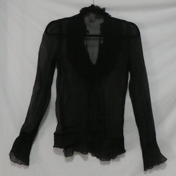 CHARLOTTE RUSSE | medium | Gothic Sheer Mesh Blouse | Ruffle V-Neck | Lace-Up - Picture 2 of 16